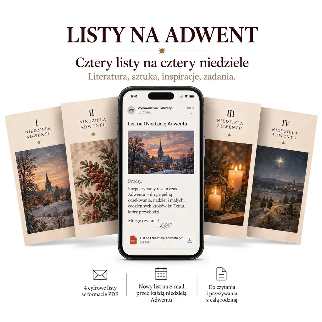 Cyfrowe Listy na Adwent: cztery listy PDF na tle adwentowego stołu i telefonu z wiadomością e-mail